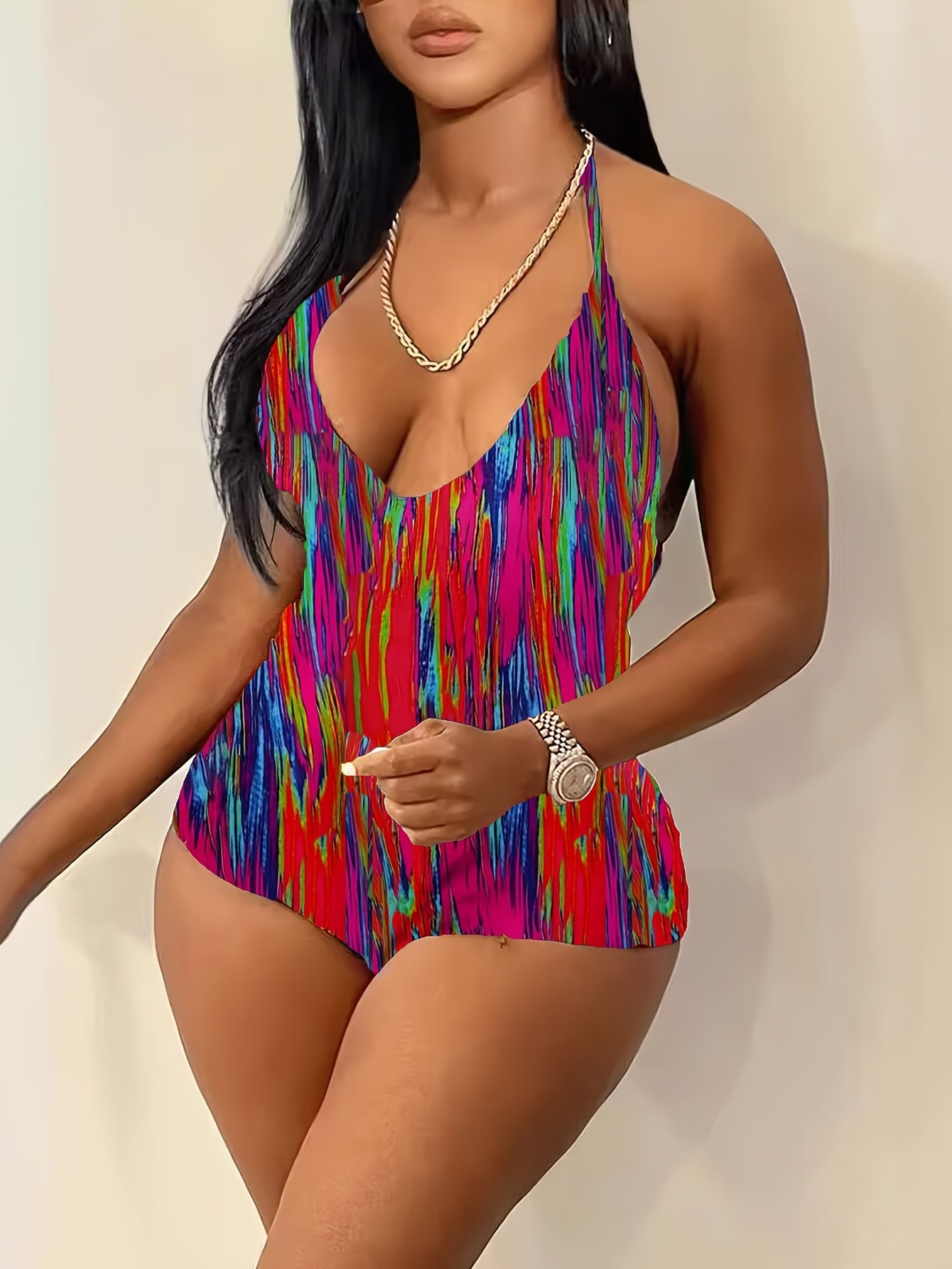 Women's Slimming V-Neck Cami Romper - Colorful Striped Print, Backless Design, Perfect for Beach & Casual Outings, Beach Attire | Slim Fit | Knit Construction
